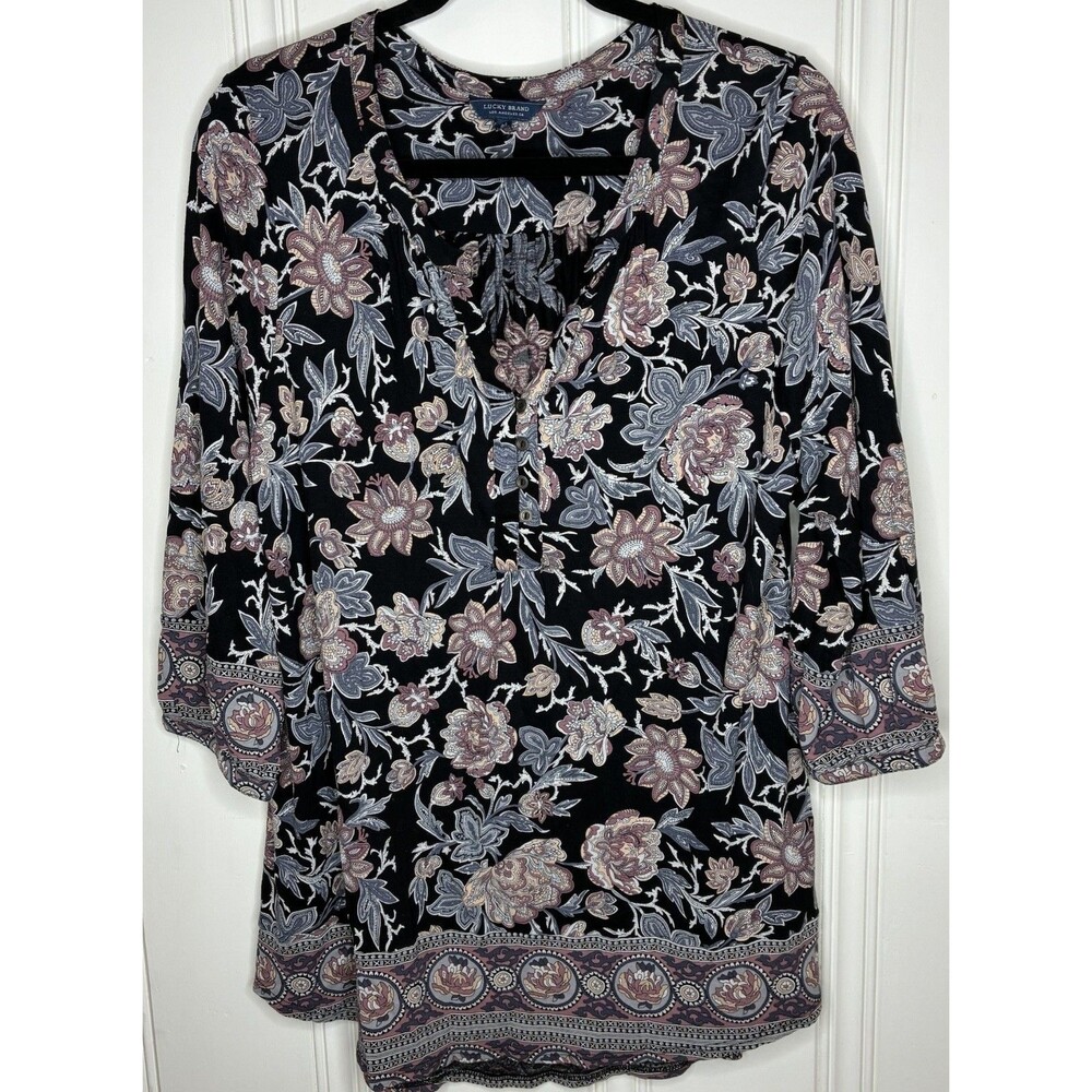 Boho Hippie Floral Top 3/4 Sleeves Tunic Flowy Size 1x V-neck Black Taupe Green‎